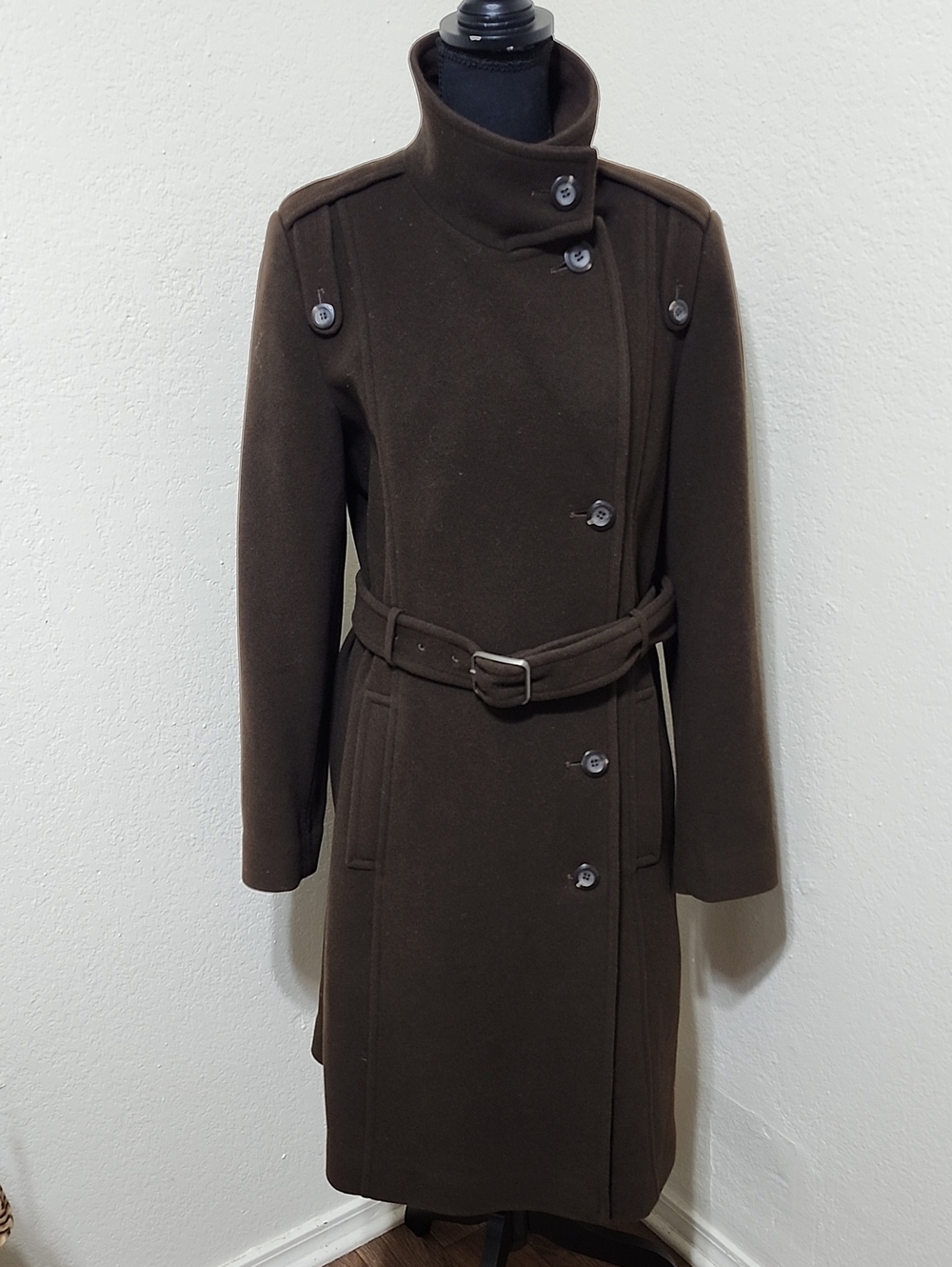Cole Haan Brown Wool Blend Belted Trench Coat Funnel Neck Military Style Sz 12